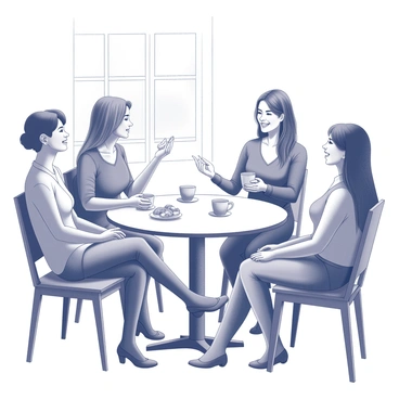 A woman sitting at a small round table with three friends. She has a bright smile on her face as she shares her experience about laser hair removal. The woman is holding a coffee cup, gesturing animatedly with her free hand. Her friends are attentively listening, with expressions of interest and curiosity. The table is adorned with coffee cups and a small plate of pastries. Light streams in from a nearby window, creating a warm atmosphere. The setting is casual and inviting, perfect for friendly conversations.