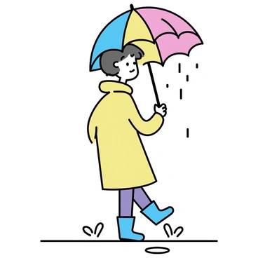 A person is walking along a wet sidewalk in the rain, wearing a yellow raincoat and blue rubber boots. They are holding a large rainbow-colored umbrella that pops against the gray sky. Raindrops are visible, splashing as they hit the ground. The person's hair is slightly damp, and their face reflects concentration as they navigate the puddles on the path.