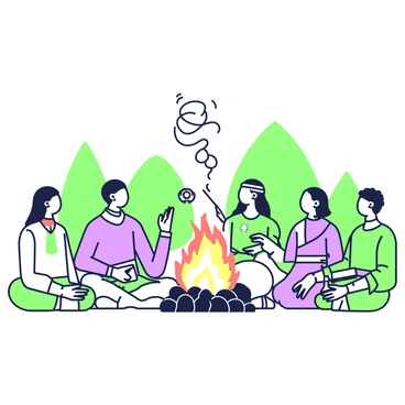 A group of people is sitting in a circle around a sacred fire. The fire is crackling, with flames dancing and illuminating their faces. Smoke is rising from the fire, curling upwards and creating surreal images that take shape in the air. Each person is wearing traditional attire, and their expressions show a mix of contemplation and connection. Some are holding instruments while others are engaged in quiet conversation. In the background, silhouettes of trees frame the scene, enhancing the communal atmosphere surrounding the fire.