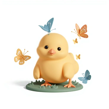 A fluffy yellow chick is sitting on a patch of green grass. It has small, bright eyes and tiny orange legs. Surrounding the chick are colorful butterflies in shades of blue, orange, and yellow fluttering gracefully around it. One butterfly, with intricate wing patterns, is delicately perched on the chick's beak, while a few others hover nearby, adding a lively atmosphere to the scene. The sunlight casts a warm glow, highlighting the softness of the chick's feathers and the vibrant colors of the butterflies.