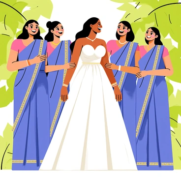 A bride with long flowing hair is laughing while posing with her bridesmaids. Each bridesmaid is wearing a matching vibrant blue sari adorned with intricate golden patterns. The scene is filled with joy, as they stand together in a graceful pose. The bride is in a stunning white wedding dress, contrasting beautifully with the colorful saris. They are outdoors, surrounded by lush green foliage, and the sunlight casts a warm glow on their happy faces.