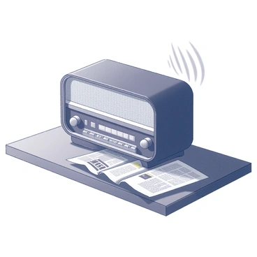 An old-fashioned radio sits on a wooden table, its design featuring a rounded top and classic dials. The radio is made of dark wood and has a metal grille covering the speaker area. Audio waves can be depicted emanating from the speaker, symbolizing the transmission of important news. A newspaper with headlines about the Cold War lies beside the radio, partially unfolded. The background is a simple, unobtrusive setting that emphasizes the radio as the focal point of the image.