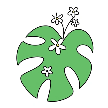 A green monstera plant with large, distinctive leaves, displaying several tiny white flowers blooming among the foliage. The flowers are delicately positioned, contrasting with the lush, deep green leaves. The leaves have prominent splits and holes, typical of the monstera species. The overall composition focuses on the vibrant greenery and the subtle beauty of the tiny blossoms nestled within the leaves.