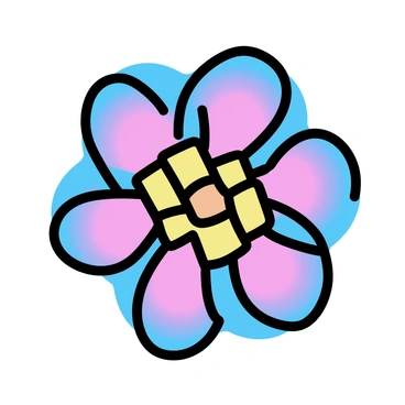 A digital flower composed of pixelated shapes in various sizes, arranged in a spiral pattern. The petals feature vibrant gradients that transition from deep blue to bright pink, creating a striking visual effect. The center of the flower is formed by a cluster of yellow and orange squares, giving it a sense of depth and dimension. The background is a smooth light color, allowing the flower to stand out prominently.