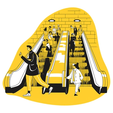 A group of people ascending an escalator towards a metro platform. There are two individuals in front: one wearing a black coat and the other in a white jacket. They are both holding onto the handrail as they move upward. Behind them, several other passengers follow, some looking at their phones. The escalator is surrounded by walls covered in black tiles, and the ceiling features overhead lights illuminating the space. The atmosphere conveys a sense of busy urban life.