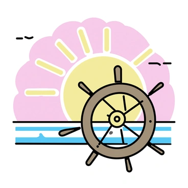 A ship's wheel made of polished wood, prominently positioned in the foreground. The wheel features intricately carved spokes and a brass center hub. In the background, a vibrant sunrise unfolds, casting rays of orange, pink, and yellow across the sky. The horizon is calm with soft waves reflecting the colors of the dawn. The overall scene conveys a sense of tranquility and adventure on the open sea.