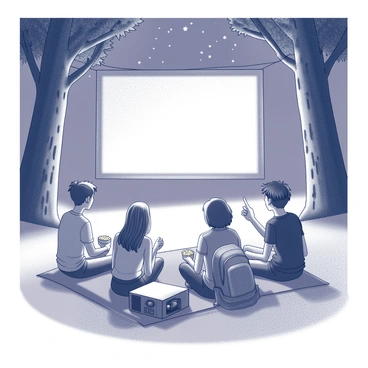 A group of five friends sitting on a blanket spread on the grass. They are gathered closely together, with a large portable projector positioned nearby, casting a movie onto a white sheet hung between two trees. One friend is sitting cross-legged, holding a bowl of popcorn, while another leans back, resting against a backpack. The others are engaged with the screen, with one pointing at a scene in excitement. The night sky above is dotted with stars, creating a cozy atmosphere around the group.
