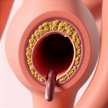 A close-up view of a human artery affected by long-term coronary artery disease. The artery wall is thickened and has visible plaques, showing deposits of cholesterol and other substances. The interior of the artery is narrowed, indicating restricted blood flow. The color of the artery is a dark red, and the plaques appear as yellowish growths against the artery wall. Surrounding tissues are depicted in shades of pale pink, emphasizing the contrast between healthy and damaged areas. Small blood cells are visible, flowing through the narrowed space of the artery.