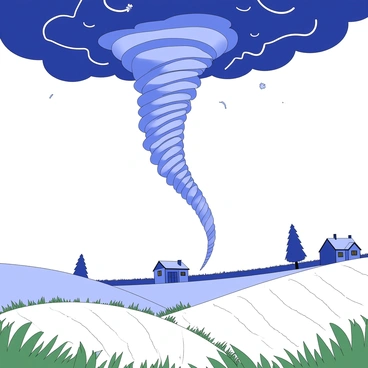A tornado is touching down in a rural field. It has a large, funnel-shaped body that descends from a dark cloud above. The tornado is swirling rapidly, lifting dirt and debris into the air around its base. In the foreground, green grass is bent and flattened by the wind, while distant farmhouses and trees stand in stark contrast against the turbulent sky. The scene conveys a sense of movement, with the wind visibly affecting the landscape.