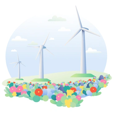 A landscape features several wind turbines with white blades spinning gracefully amidst a vibrant field filled with a variety of flowers in different colors, including red, yellow, blue, and purple. The field stretches towards a clear blue sky, with a few white clouds scattered above. Each wind turbine stands tall on a green base, surrounded by a mix of blooming flowers, swaying slightly in the gentle breeze. The flowers have distinct shapes and sizes, creating a dynamic and colorful foreground.