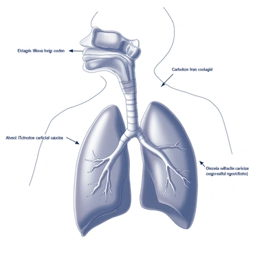 An illustration of the human respiratory system. The image includes detailed anatomical structures such as the nasal cavity, trachea, bronchi, and lungs. Arrows indicate the path of air flow entering through the nose and traveling down the trachea to the bronchi, leading into the lungs. The alveoli are depicted, showcasing areas of gas exchange with surrounding capillaries. Labels point out key components, emphasizing the interaction between oxygen and carbon dioxide during respiration. The illustration is presented in a monochrome format.