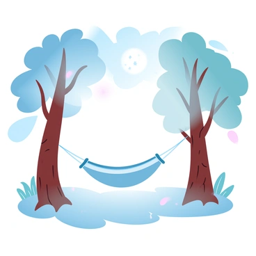 A tranquil forest clearing with a hammock strung between two trees under a canopy of stars