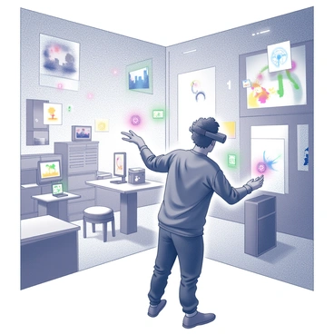 An artist is standing in a sleek, futuristic studio filled with large digital screens displaying various interactive illustrations. The artist is wearing advanced augmented reality glasses that project vibrant images into the air. Their hands are outstretched, manipulating floating elements and graphics with precision. The studio is equipped with high-tech tools and gadgets, enhancing the creative process. In the background, various digital artworks can be seen, some floating mid-air while others are projected onto surfaces. The atmosphere is busy and dynamic, showcasing the intersection of art and technology.
