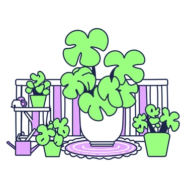 An urban balcony garden filled with multiple monstera plants of various sizes. In the center, there is a large monstera plant with broad, vibrant leaves, cascading over the edges of a white ceramic pot. Surrounding it, smaller monstera plants are potted in green containers, each showcasing unique leaf shapes. A wooden railing frames the balcony, and a small table is set in one corner, holding a watering can and a pair of gardening gloves. The balcony floor is adorned with a woven outdoor rug, enhancing the cozy atmosphere of the green space.