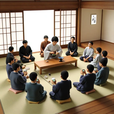 An elegant Japanese tea ceremony taking place in a traditional tea room. The room features tatami mats, sliding shoji doors, and a low wooden table adorned with tea utensils. A Japanese woman wearing a kimono is gracefully performing the tea ceremony, meticulously preparing matcha in a bowl. Observers from around the world, including individuals of various ethnicities, are seated around the room, attentively watching the ritual. Some are taking notes, while others are capturing the moment with cameras. The atmosphere is filled with a sense of respect and cultural appreciation.