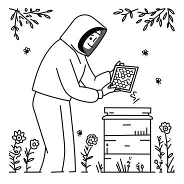 A beekeeper wearing a full-length white protective suit with a veil and gloves is carefully inspecting a beehive. The suit is equipped with a zippered jacket and reinforced gloves. The beekeeper is holding a frame filled with honeycomb in their gloved hands, observing it closely. Surrounding the beehives are various flowering plants like sunflowers and lavender, creating a lush garden environment. Bees are buzzing around the area, some landing on the flowers while others are returning to the hives. The sun is shining, casting gentle shadows through the leaves of nearby trees.
