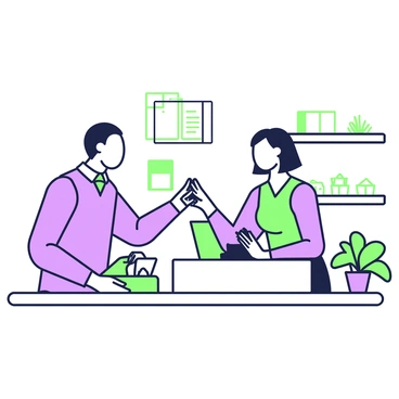 A bank teller with a bright smile is standing behind a counter, assisting a customer. The teller is wearing a professional uniform and has short, neat hair. The counter is adorned with a green plant. The customer, a middle-aged man, is leaning slightly forward, handing over a stack of cash. The teller is reaching out with her right hand to receive the cash while using her left hand to operate a cash register. Behind the teller, there are shelves with neatly stacked paperwork and small potted plants. The overall atmosphere is busy, yet friendly.