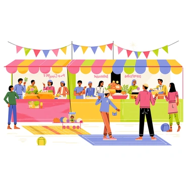 A bustling Bengali food festival filled with colorful stalls. Each stall displays a variety of traditional dishes. One stall features a large pot of steaming "fish curry" garnished with fresh coriander. Another stall showcases an array of vibrant "sweets" like "sandesh" and "rosogolla" arranged in neat rows. People of different ages are seen enjoying the food, chatting, and savoring the flavors. Brightly colored banners with Bengali script flutter above the stalls, adding to the festive atmosphere. The ground is covered with colorful rugs and the scent of spices fills the air.