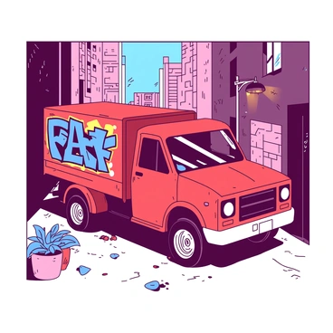 A red junk truck is parked in a narrow urban alleyway, with a variety of vibrant graffiti art covering its exterior. The graffiti includes abstract shapes and bold lettering in shades of blue, yellow, and pink. The alleyway is bordered by weathered brick walls, with scattered debris and a few potted plants peeking through cracks in the pavement. A flickering streetlight casts a warm glow, illuminating the truck and highlighting the intricate details of the graffiti.
