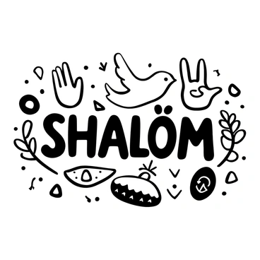 The word "Shalom" is prominently displayed in bold, stylized letters at the center of the image. Surrounding the word are various peace symbols, including a dove and an olive branch, arranged in an artistic manner. Additional symbols such as hand gestures signaling peace and a peace sign are incorporated into the design, creating a harmonious composition. The background features simple, flowing lines that enhance the central theme of peace without overpowering the main elements.