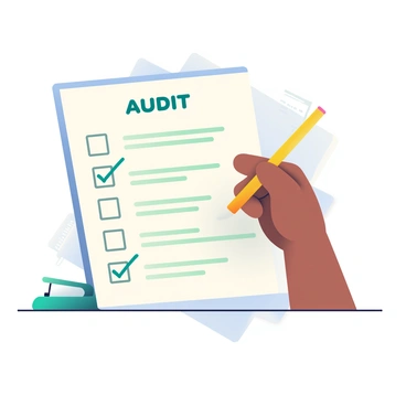 A detailed audit checklist is displayed prominently in the foreground. The checklist contains various items, each with boxes beside them, some already ticked off in green ink. A hand with tanned skin is holding a yellow pencil, poised above the next item on the list. The hand is positioned in a way that suggests focus and concentration. The checklist is on a white surface with a slight shadow underneath, adding depth to the scene. In the background, there are faint outlines of office supplies, including a stapler and some paper, enhancing the office setting.