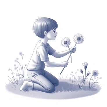 A child is picking flannel flowers in a meadow. The child is wearing a simple, comfortable outfit suitable for outdoor play. The child is kneeling on the soft grass, reaching out with both hands to gather the flowers. The flannel flowers have a distinct texture, and their petals are spread open wide. Sunlight streams down, casting gentle shadows and illuminating the scene. The meadow is dotted with various plants and wildflowers, creating a lively and vibrant environment.