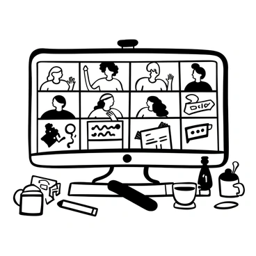 A computer screen displaying a grid of individuals participating in a virtual meeting. Each person is in a separate window, showcasing a variety of illustrative artworks in the background. Some windows show the participants gesturing with their hands, while others depict them holding sketch pads or digital drawing devices. The computer is placed on a wooden desk, with scattered art supplies, such as pencils and markers, visible around it. A cup of coffee sits next to the computer, and a soft glow emanates from the screen highlighting the collaborative atmosphere of the meeting.