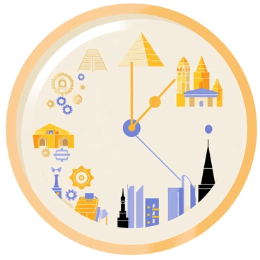 A circular clock with a wooden frame, featuring four distinct quadrants. Each quadrant showcases a different historical era: the top quadrant displays ancient Egypt with pyramids and hieroglyphics; the right quadrant illustrates the Renaissance with famous paintings and sculptures; the bottom quadrant represents the Industrial Revolution with gears and steam engines; and the left quadrant depicts the modern era with skyscrapers and technology. Each section is vibrantly colored and includes relevant symbols to represent the unique characteristics of its respective era. The clock hands are gold and point to the current time.
