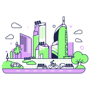 A futuristic cityscape features tall, sleek buildings with unique architectural designs, primarily outlined in green. Numerous solar panels are integrated into the roofs of these buildings, catching the sunlight. Wide bike lanes are visible throughout the city, with a few cyclists riding on them. The streets are bustling with activity, and there are trees planted alongside the bike lanes, contributing to an eco-friendly atmosphere. Various vehicles can be seen driving along the roads, adding to the urban dynamic.