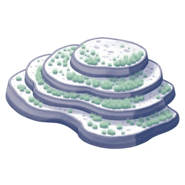 A bird's-eye view of intricate rice terraces. The terraces are layered and curved, creating a series of cascading, flat surfaces. Each terrace is bordered by small earthen walls. The scene showcases a variety of textures and patterns, with delicate lines forming the edges of each rice paddy. Small water channels run between the terraces, reflecting the light. The landscape features evenly distributed patches of green rice plants, with some areas showing the soil underneath. The overall arrangement of the terraces creates a rhythmic and harmonious composition across the image.
