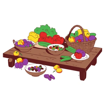 A brown wooden table is adorned with an array of fresh, farm-picked produce, including vibrant red tomatoes, crisp green cucumbers, and yellow bell peppers. Surrounding the produce are rustic ceramic dishes in earthy tones, filled with various salads and sides. A woven wicker basket sits at one end of the table, overflowing with ripe fruits such as orange peaches and purple plums. The table's surface is textured with natural wood grains, adding to the farm-fresh aesthetic.