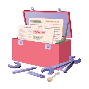 A digital flat illustration of a large toolbox opened to reveal a variety of insurance documents inside. The documents are neatly stacked and feature titles that read "Coverage," "Protection," and "Benefits," each clearly labeled in bold letters. The toolbox is a vibrant red color with silver handles, and the background is a simple, neutral color to emphasize the contents. Surrounding the toolbox are various tools, such as a wrench, screwdriver, and pliers, each also labeled with their names, to represent the concept of tools for managing insurance. The overall composition presents a clear visual metaphor for insurance management.