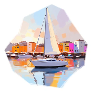 A small sailboat with a white sail is securely moored in a tranquil harbor. The boat is gently bobbing on the calm water, surrounded by various other boats at rest. In the background, several colorful buildings line the shore, reflecting in the water. The sky above is painted with soft hues of orange and pink, suggesting a sunset. The scene conveys a sense of safety and stability, with the sailboat standing resilient amidst the subtle movement of the harbor.