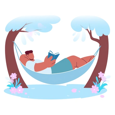 A slowboy character is lounging comfortably in a hammock that is strung between two sturdy trees. The slowboy has a casual outfit consisting of a soft t-shirt and loose-fitting shorts. He is resting on his back with his arms comfortably behind his head, deeply absorbed in reading a thick book that is open in front of him. Sunlight filters through the leaves of the tree, casting dappled shadows on the hammock and surrounding grass. A light breeze gently sways the hammock, creating a peaceful atmosphere. In the background, colorful wildflowers bloom, adding vibrant hues to the scene.