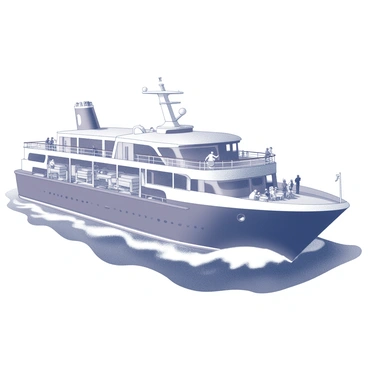 A large cruise ship is navigating through the ocean waters. The ship features multiple decks with railings where passengers are standing and leaning, taking in the expansive sea view. Some passengers are gathered in small groups, chatting and pointing towards the horizon. Others are sitting on deck chairs, looking relaxed and content. The ocean waves are gently lapping against the hull of the ship, and the sky above is clear, suggesting a pleasant day at sea.