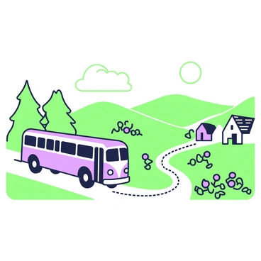 A vintage-style poster depicts a classic bus traveling along a winding route through scenic countryside. The bus is an old-fashioned model with rounded edges and large windows. In the background, rolling hills are visible, dotted with green trees and patches of purple wildflowers. A bright sun hangs in the clear sky, casting gentle shadows on the landscape. To the right, a small village can be seen, featuring quaint houses with slanted roofs. The route is marked with a dotted line, leading the eye through the picturesque scenery.