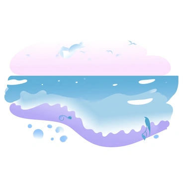 A vast ocean with waves in various shades of purple crashing against a sandy shore. The sky is filled with a gradient of pastel colors transitioning from soft pink to deep blue as twilight approaches. The horizon is visible where the water meets the sky, and small white foam forms at the peaks of the waves. Seaweed can be seen partially submerged in the shallow water near the shore, and the shoreline is dotted with smooth pebbles. A few seagulls are flying above the waves in the distance.