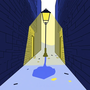 A flickering streetlight stands at the end of a narrow alley. The light casts a warm yellow glow, creating elongated shadows on the brick walls. The alley is lined with dark, weathered bricks and scattered debris on the ground. A slight mist hangs in the air, adding to the tension in the scene. The shadows form abstract shapes that stretch across the pavement, enhancing the sense of unease in the atmosphere.