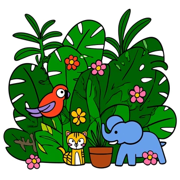 A vibrant scene in a rainforest filled with lush green foliage and colorful houseplants. Various toy animals, including a bright red parrot, a small yellow tiger, and a blue elephant, are playfully hiding among the leaves. Sunlight filters through the dense canopy above, casting dappled shadows on the ground. The plants are rich in detail, featuring large leaves with deep veins and vibrant tropical flowers blooming in bright colors. The toy animals are positioned in such a way that they seem to be peeking out from behind the plants, adding a sense of curiosity and adventure to the scene.
