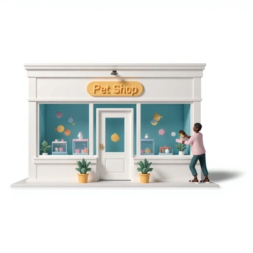 A pet shop storefront with large glass windows displaying colorful aquariums filled with tropical fish. Inside, there are several cages housing small animals such as hamsters, guinea pigs, and rabbits. The storefront has a welcoming entrance with a bright sign that reads "Pet Shop" above the door. In front of the windows, there are small potted plants adding a touch of greenery. The scene captures the lively atmosphere of a pet shop, with customers browsing and interacting with the animals.