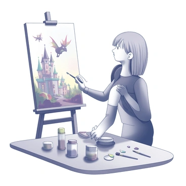 An artist is standing in front of an easel, holding a paintbrush in one hand. The canvas displays a vibrant scene filled with fantastical characters, including a whimsical dragon flying above a colorful castle and playful fairies dancing in the air. The artist is focused intently on adding details to the characters that seem to leap off the canvas. Surrounding the artist, the studio is filled with art supplies, including tubes of paint and brushes scattered across the table. The atmosphere suggests a moment of creation, with the characters beginning to take shape as if they are about to step into the real world.