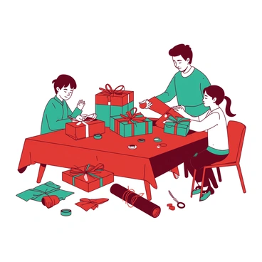 A family gathered around a table, wrapping Christmas gifts with festive paper