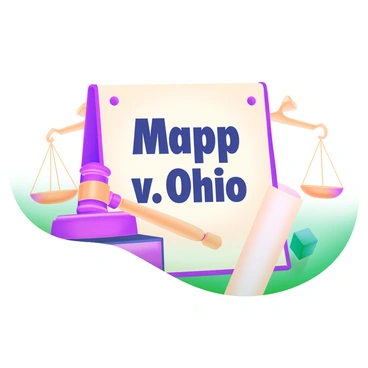 A banner displaying the title "Mapp v. Ohio" in bold, dark blue letters. Surrounding the title are symbolic legal imagery elements, including a gavel resting on a book, a set of scales of justice, and a rolled parchment scroll. The background features a soft pastel gradient, enhancing the overall modern aesthetic of the illustration.