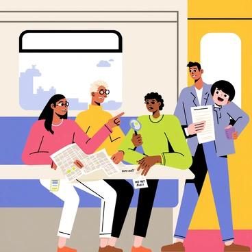A speeding train is depicted with large windows showcasing blurred scenery outside. Inside the train car, a diverse group of passengers is gathered, each holding various items like maps, magnifying glasses, and notebooks. One passenger, a woman with glasses, is pointing excitedly at a clue on a piece of paper, while another passenger, a man with a determined expression, leans over to examine it closely. A third passenger, a teenager, is glancing nervously towards the door. The atmosphere is tense as they work together, piecing clues together to prevent a heist. "We must act fast!" is written on a note held by one of the passengers.