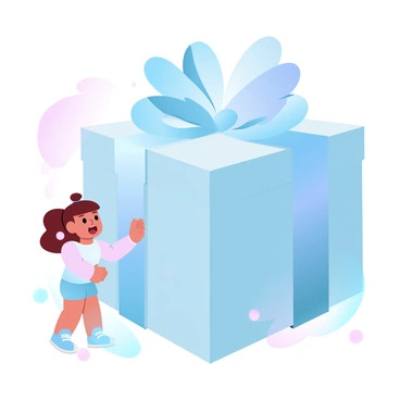A child is standing beside an enormous gift box wrapped in shiny paper, which reflects a variety of gradient pastel colors. The gift box features a large, elaborate bow on top, accentuating its size. The child is wearing a colorful outfit and has a look of wonder. The background is filled with soft blurred pastel colors to enhance the festive atmosphere.