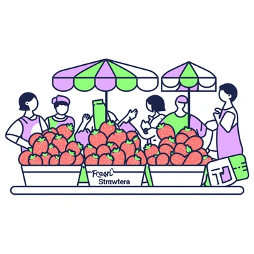 A market stall is filled with baskets overflowing with ripe strawberries. Each basket is placed neatly on a wooden table. The strawberries are bright and plump, some glistening with dew drops. Next to the baskets, there is a small sign that reads "Fresh Strawberries" in bold letters. In the background, shoppers can be seen admiring the fruits, some holding bags while others are pointing at the strawberries. Colorful fabric canopies provide shade over the stall, and the scene is lively with the interactions of customers and vendors.