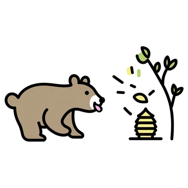 A brown bear with a thick fur coat, crouching low on its paws, is sneaking towards a beehive. The bear's eyes are wide and focused, and it is licking its lips in anticipation of the honey inside. The beehive, made of natural brown wood, is resting on a low branch of a tree, surrounded by green leaves. A few bees can be seen buzzing around the hive, hinting at the sweetness that awaits. The bear's body is tense, and its ears are perked up, fully aware of its surroundings as it prepares to reach for the hive.
