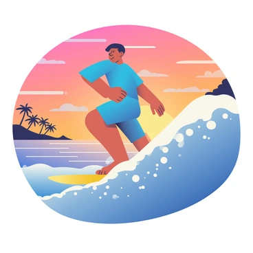 A surfer with sun-kissed skin and short, dark hair is riding a large wave. He is wearing a bright blue wetsuit and has a big smile on his face as he balances skillfully on the surfboard. The wave is crashing beneath him with frothy white foam. The sky is filled with vibrant hues of orange, pink, and purple, depicting a stunning sunset. In the background, silhouettes of palm trees can be seen against the colorful sky, completing the beach scene. The sun is just above the horizon, casting a glowing reflection on the water's surface.