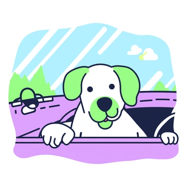 A Labrador is sticking its head out of a car window. Its ears are flapping in the wind, creating a sense of movement. The dog has a shiny coat and an expression that conveys joy and excitement. The interior of the car is visible, with a dashboard and steering wheel in the background. Sunlight is streaming through the window, illuminating the dog's face and highlighting its features. The outside scene includes a blurred background of trees and a clear blue sky, enhancing the feeling of speed.