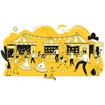 A bustling outdoor festival scene filled with various stalls decorated with intricate patterns and designs. Each stall showcases unique items and foods. In the foreground, a group of performers in traditional attire is dancing, their movements energetic and lively. Colorful decorations hang between the stalls, creating a festive atmosphere. People of diverse backgrounds are engaged in conversations and enjoying the festivities, while some children play nearby. The sky is clear, adding to the cheerful ambiance of the event.